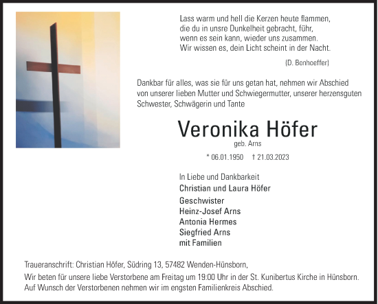 Traueranzeige von Veronika Höfer von Siegener Zeitung