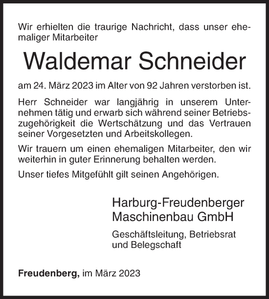 Traueranzeige von Waldemar Schneider von Siegener Zeitung