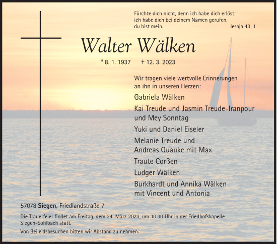 Traueranzeige von Walter Wälken von Siegener Zeitung