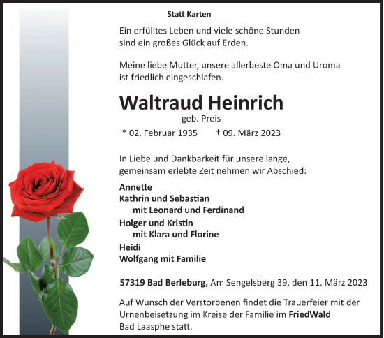 Traueranzeige von Waltraud Heinrich von Siegener Zeitung