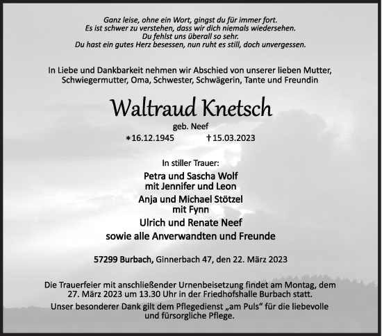 Traueranzeige von Waltraud Knetsch von Siegener Zeitung