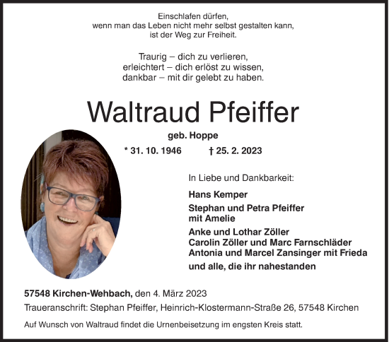 Traueranzeige von Waltraud Pfeiffer von Siegener Zeitung