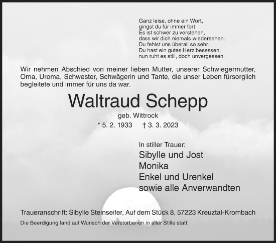 Traueranzeige von Waltraud Schepp von Siegener Zeitung