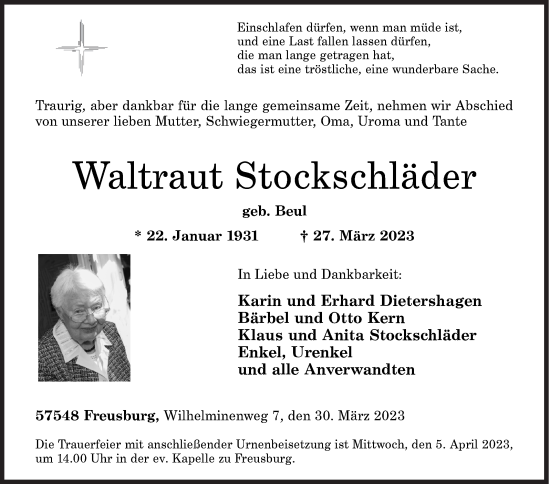 Traueranzeige von Waltraut Stockschläder von Siegener Zeitung