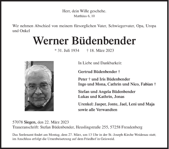 Traueranzeige von Werner Büdenbender von Siegener Zeitung