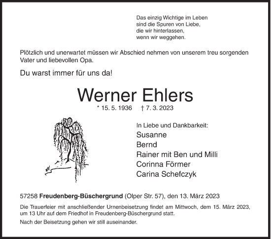 Traueranzeige von Werner Ehlers von Siegener Zeitung