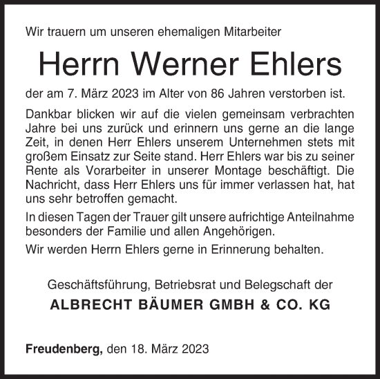 Traueranzeige von Werner Ehlers von Siegener Zeitung