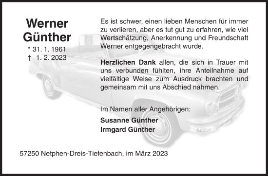 Traueranzeige von Werner Günther von Siegener Zeitung