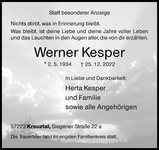 Traueranzeige von Werner Kesper von Siegener Zeitung