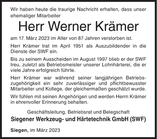 Traueranzeige von Werner Krämer von Siegener Zeitung