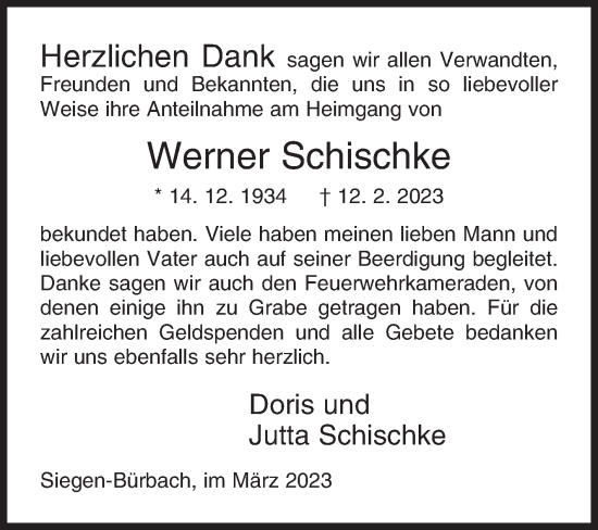 Traueranzeige von Werner Schischke von Siegener Zeitung