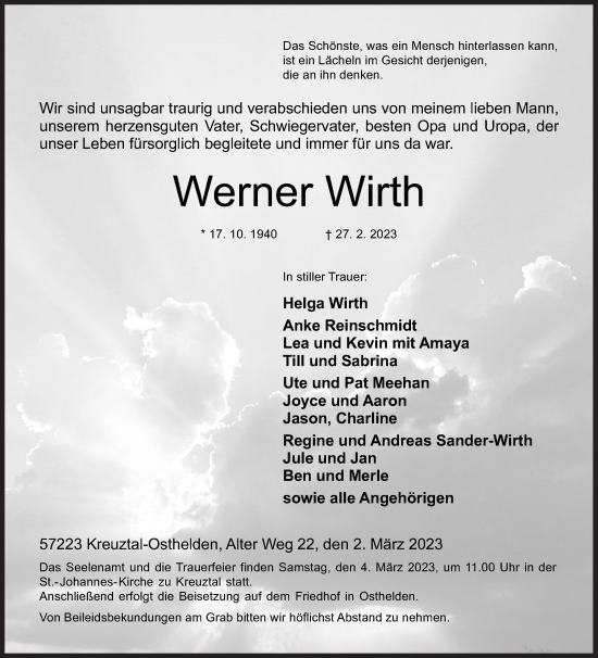 Traueranzeige von Werner Wirth von Siegener Zeitung