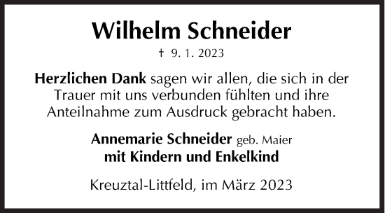 Traueranzeige von Wilhelm Schneider von Siegener Zeitung