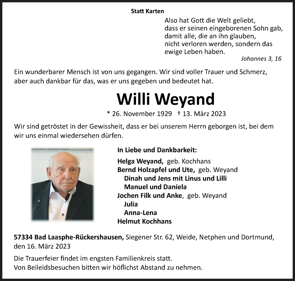  Traueranzeige für Willi Weyand vom 16.03.2023 aus Siegener Zeitung