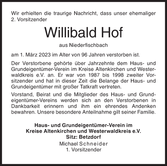 Traueranzeige von Willibald Hof von Siegener Zeitung