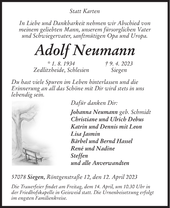 Traueranzeige von Adolf Neumann von Siegener Zeitung