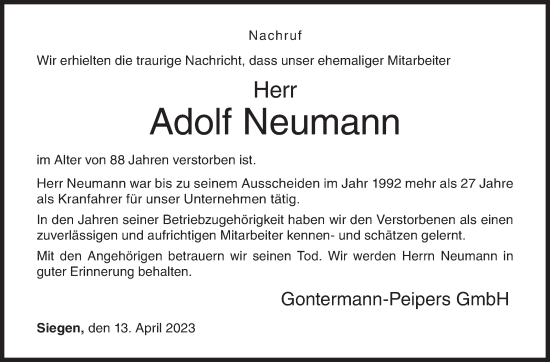 Traueranzeige von Adolf Neumann von Siegener Zeitung