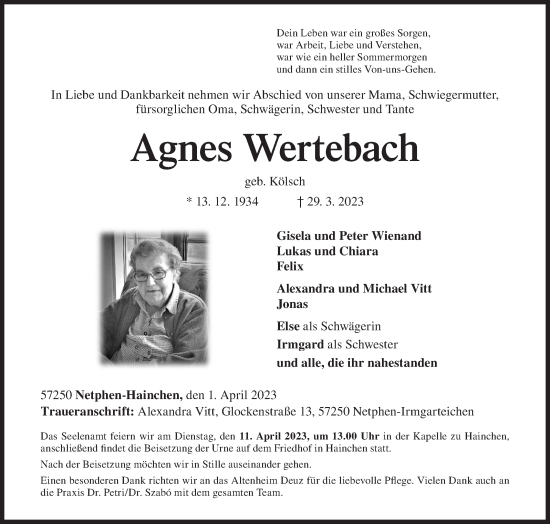 Traueranzeige von Agnes Wertebach von Siegener Zeitung