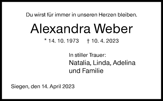 Traueranzeige von Alexandra Weber von Siegener Zeitung