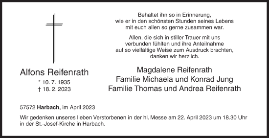 Traueranzeige von Alfons Reifenrath von Siegener Zeitung