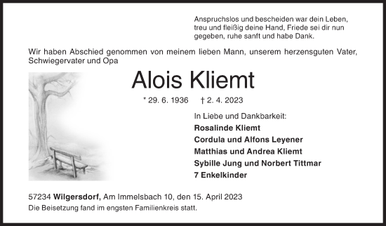 Traueranzeige von Alois Kliemt von Siegener Zeitung