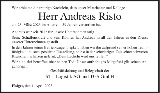 Traueranzeige von Andreas Risto von Siegener Zeitung