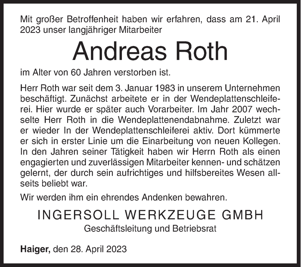  Traueranzeige für Andreas Roth vom 28.04.2023 aus Siegener Zeitung