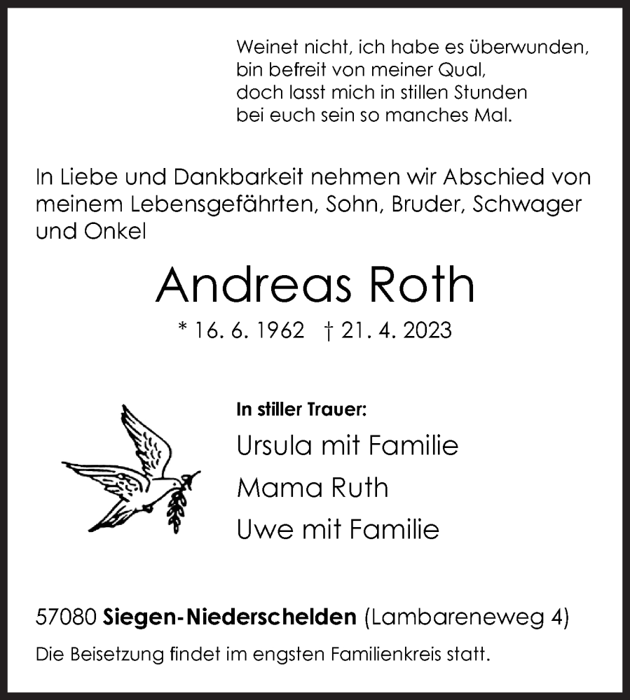  Traueranzeige für Andreas Roth vom 25.04.2023 aus Siegener Zeitung
