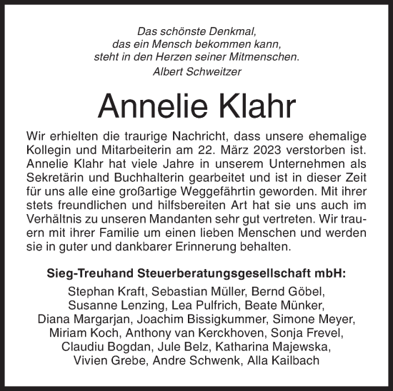 Traueranzeige von Annelie Klahr von Siegener Zeitung
