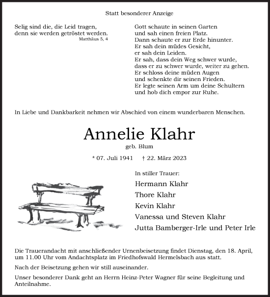 Traueranzeige von Annelie Klahr von Siegener Zeitung