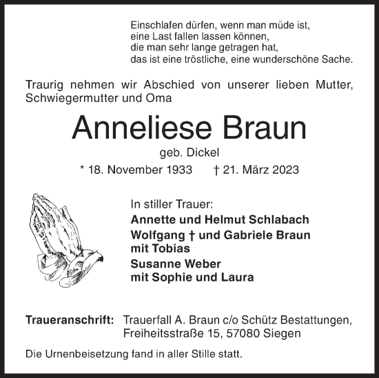 Traueranzeige von Anneliese Braun von Siegener Zeitung
