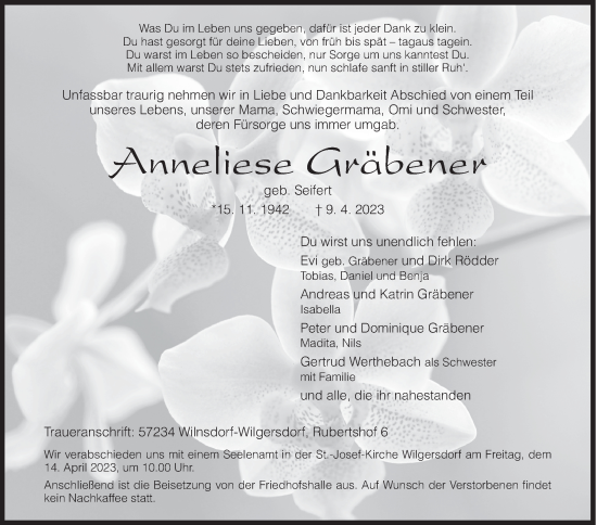 Traueranzeige von Anneliese Gräbener von Siegener Zeitung