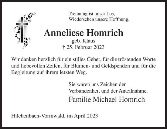 Traueranzeige von Anneliese Homrich von Siegener Zeitung