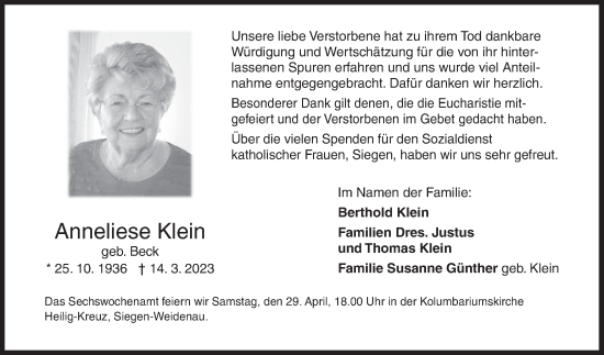 Traueranzeige von Anneliese Klein von Siegener Zeitung