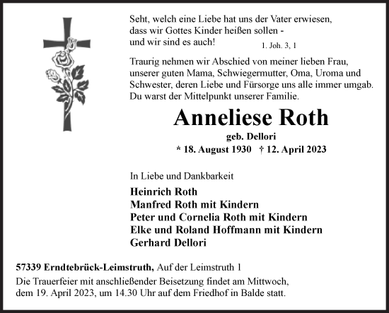 Traueranzeige von Anneliese Roth von Siegener Zeitung