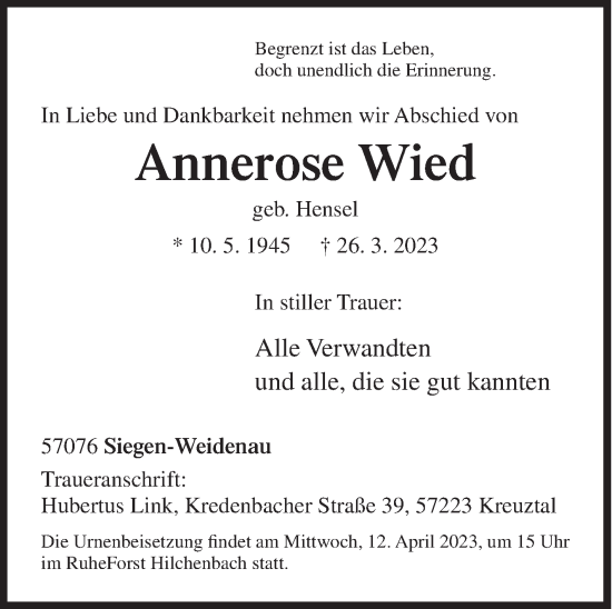 Traueranzeige von Annerose Wied von Siegener Zeitung