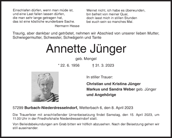 Traueranzeige von Annette Jünger von Siegener Zeitung