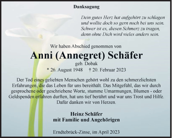 Traueranzeige von Anni  Schäfer von Siegener Zeitung