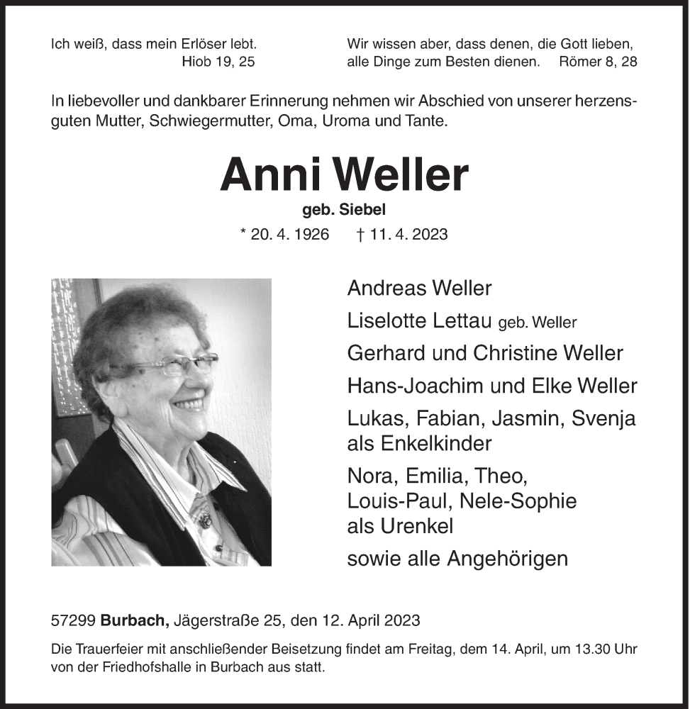  Traueranzeige für Anni Weller vom 12.04.2023 aus Siegener Zeitung