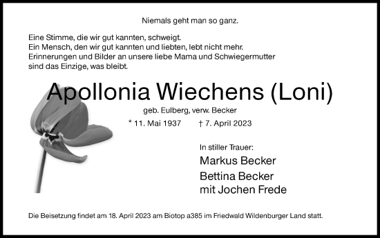 Traueranzeige von Apollonia Wiechens von Siegener Zeitung