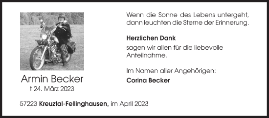 Traueranzeige von Armin Becker von Siegener Zeitung