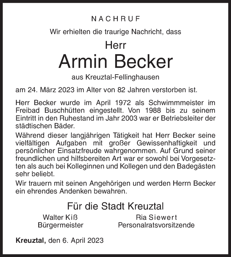  Traueranzeige für Armin Becker vom 06.04.2023 aus Siegener Zeitung