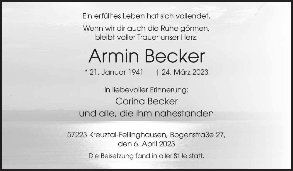  Traueranzeige für Armin Becker vom 06.04.2023 aus Siegener Zeitung