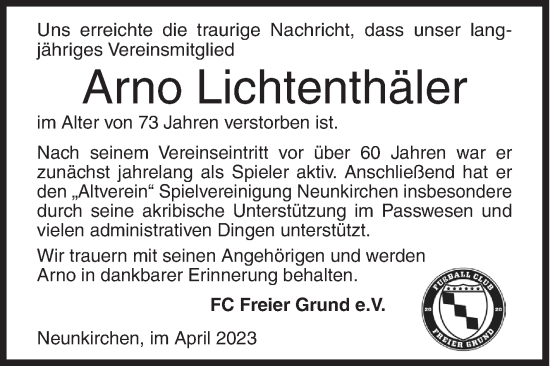 Traueranzeige von Arno Lichtenthäler von Siegener Zeitung