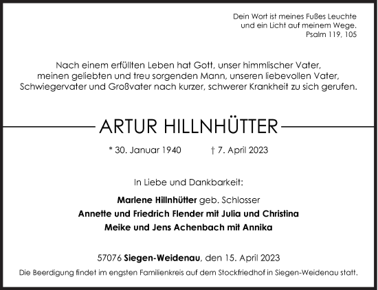 Traueranzeige von Artur Hillnhütter von Siegener Zeitung