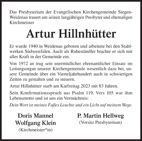 Traueranzeige von Artur Hillnhütter von Siegener Zeitung