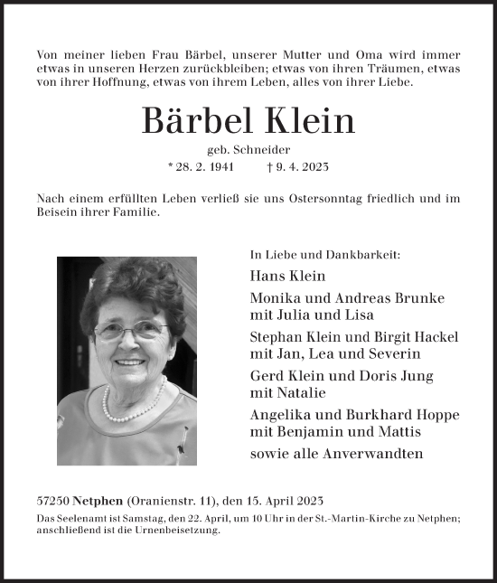 Traueranzeige von Bärbel Klein von Siegener Zeitung