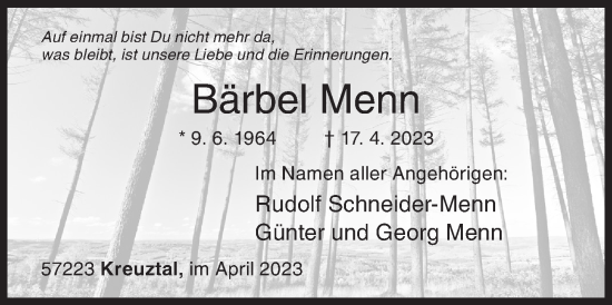 Traueranzeige von Bärbel Menn von Siegener Zeitung