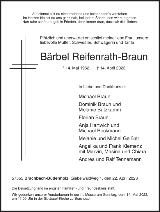 Traueranzeige von Bärbel Reifenrath-Braun von Siegener Zeitung