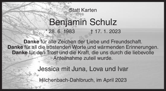 Traueranzeige von Benjamin Schulz von Siegener Zeitung